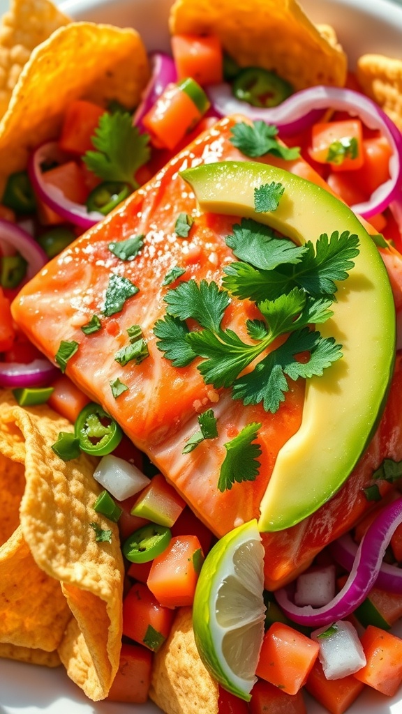 A refreshing bowl of salmon ceviche with lime, garnished with cilantro and avocado, served with tortilla chips.